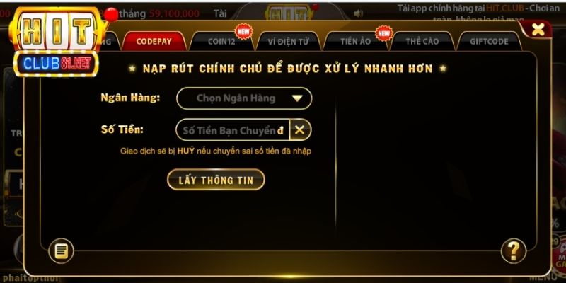 Nạp tiền Hitclub với 7 phương thức, thực hiện 1 phút 30s